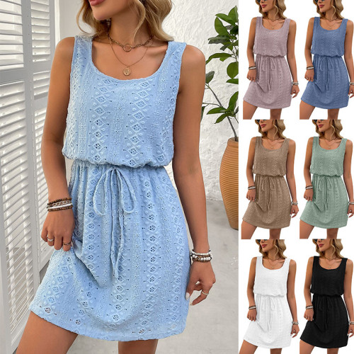 Women's Square Neck Solid Color Sleeveless Summer Hollow Design Mini Dress