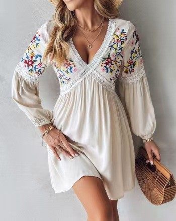 Women's Bohemian Sexy V-Neck Embroidered Beach Dress
