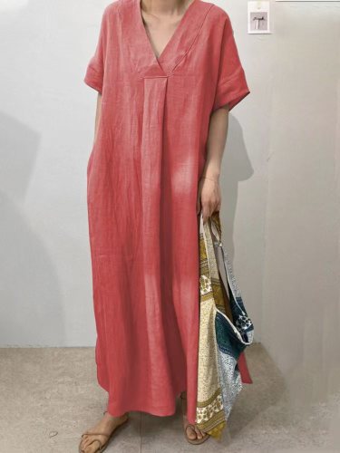 Women's Casual V-neck Cotton and Linen Solid Color Maxi Dress