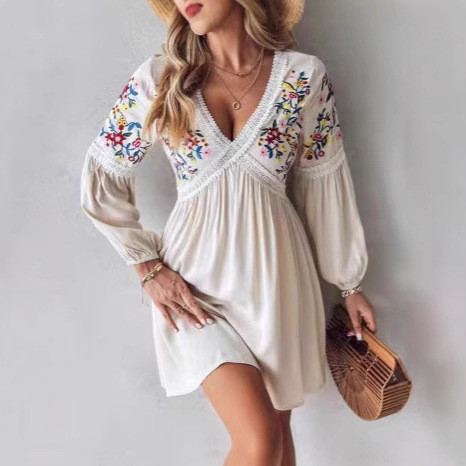 Women's Bohemian Sexy V-Neck Embroidered Beach Dress