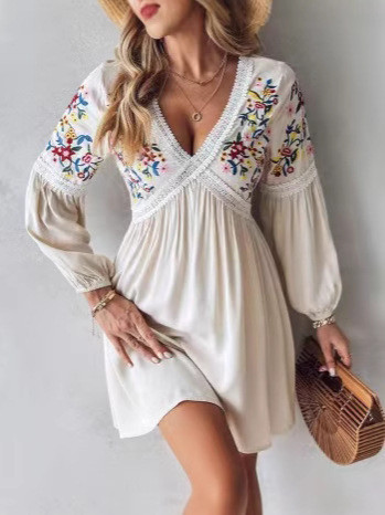 Women's Bohemian Sexy V-Neck Embroidered Beach Dress