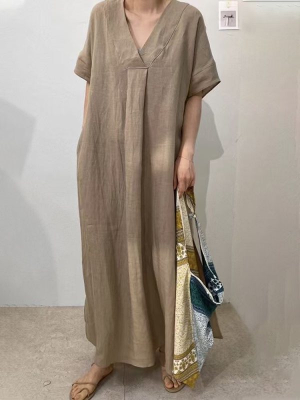 Women's Casual V-neck Cotton and Linen Solid Color Maxi Dress