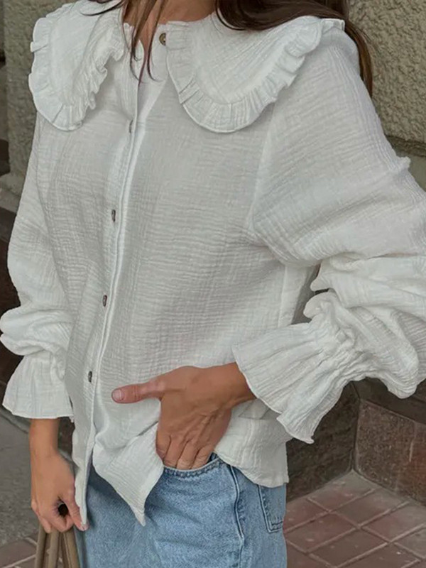 Ruffled See-Through Split-Joint Long Sleeves Peter Pan Collar Blouses&shirts Tops