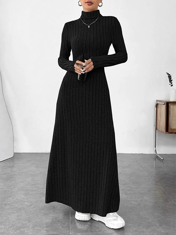 Pleated Solid Color Split-Joint Long Sleeves High Neck Maxi Dresses