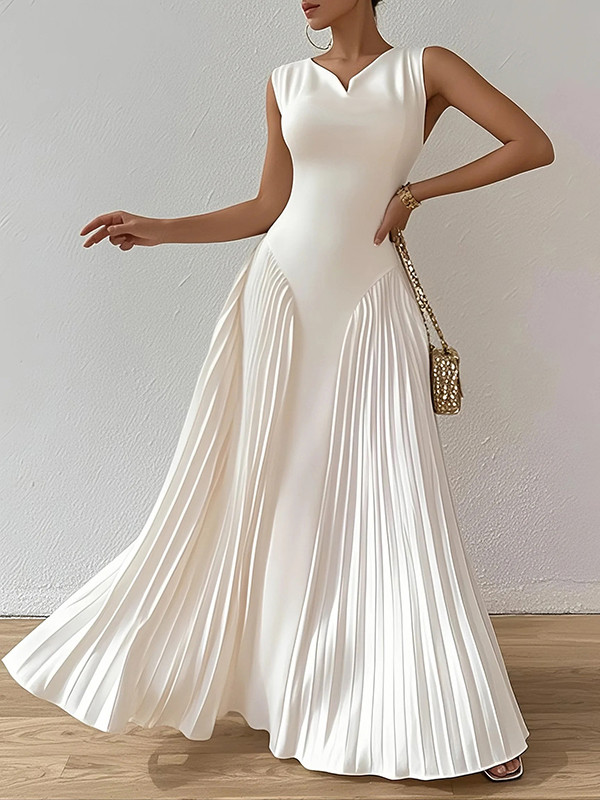 Pleated Solid Color A-Line Loose V-Neck Maxi Dresses