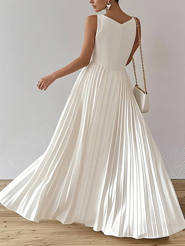Pleated Solid Color A-Line Loose V-Neck Maxi Dresses