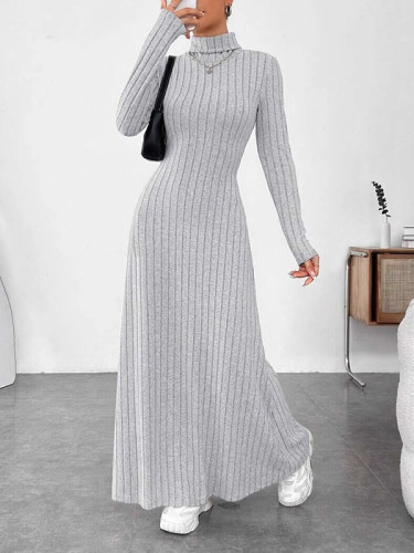 Pleated Solid Color Split-Joint Long Sleeves High Neck Maxi Dresses