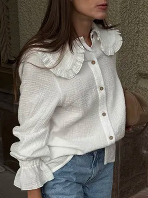 Ruffled See-Through Split-Joint Long Sleeves Peter Pan Collar Blouses&shirts Tops
