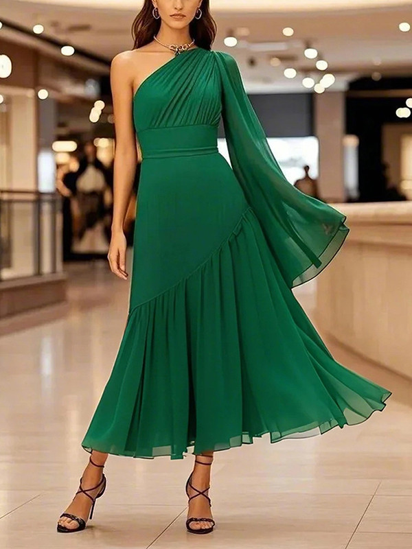 Pleated Solid Color Zipper Long Sleeves Loose One-Shoulder Maxi Dresses