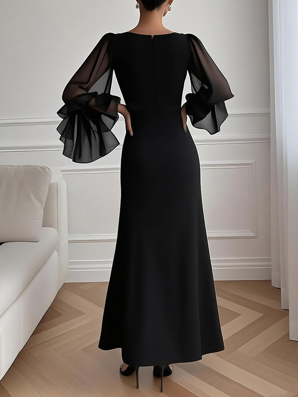 Solid Color Split-side Zipper Flared Sleeves Long Sleeves V-neck Maxi Dresses