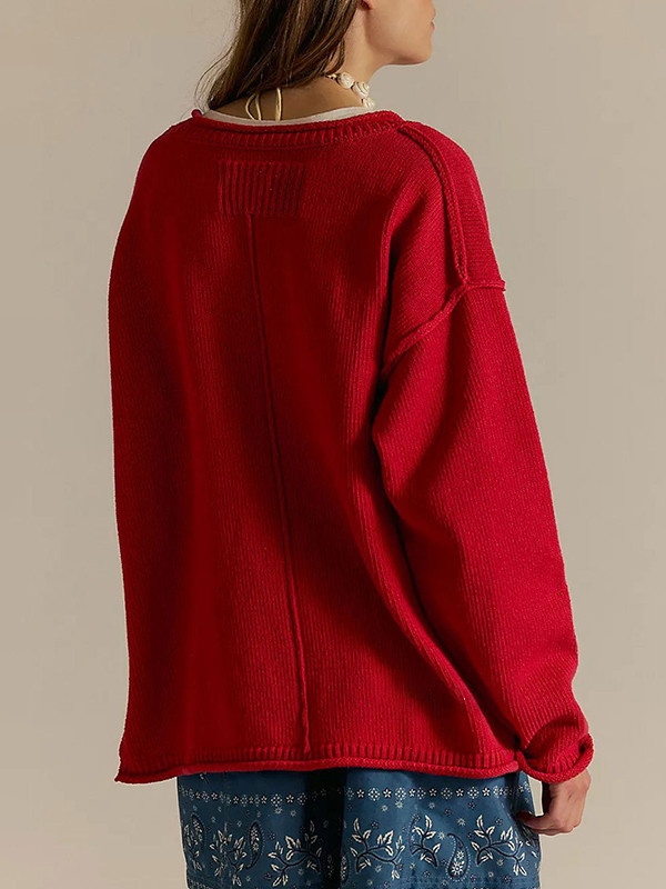 Solid Color Split-Joint Long Sleeves Loose Round-neck Sweater Tops