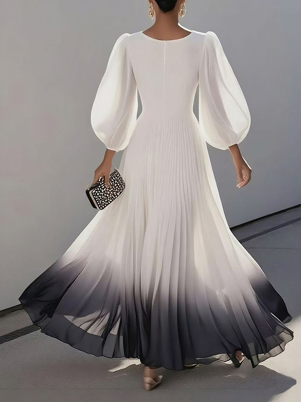 Gradient Pleated A-Line High Waisted V-Neck Maxi Dresses