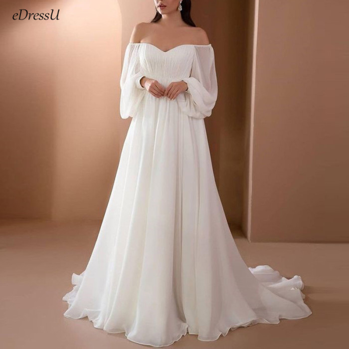 Women's White Off Shoulder Evening Dress – Elegant Pleated A-Line Wedding Gown