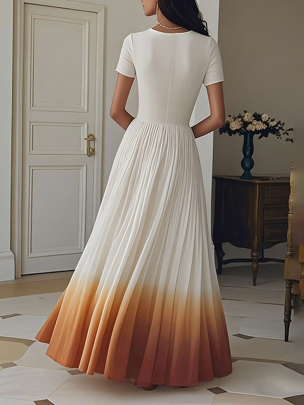 Gradient Pleated Zipper A-line High Waisted V-neck Maxi Dresses