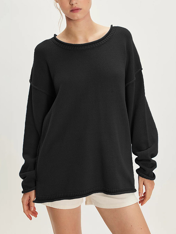 Solid Color Split-Joint Long Sleeves Loose Round-neck Sweater Tops