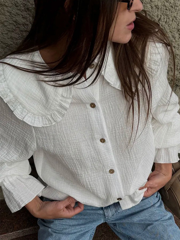 Ruffled See-Through Split-Joint Long Sleeves Peter Pan Collar Blouses&shirts Tops