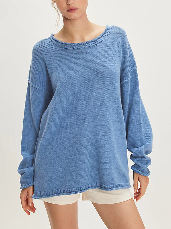 Solid Color Split-Joint Long Sleeves Loose Round-neck Sweater Tops