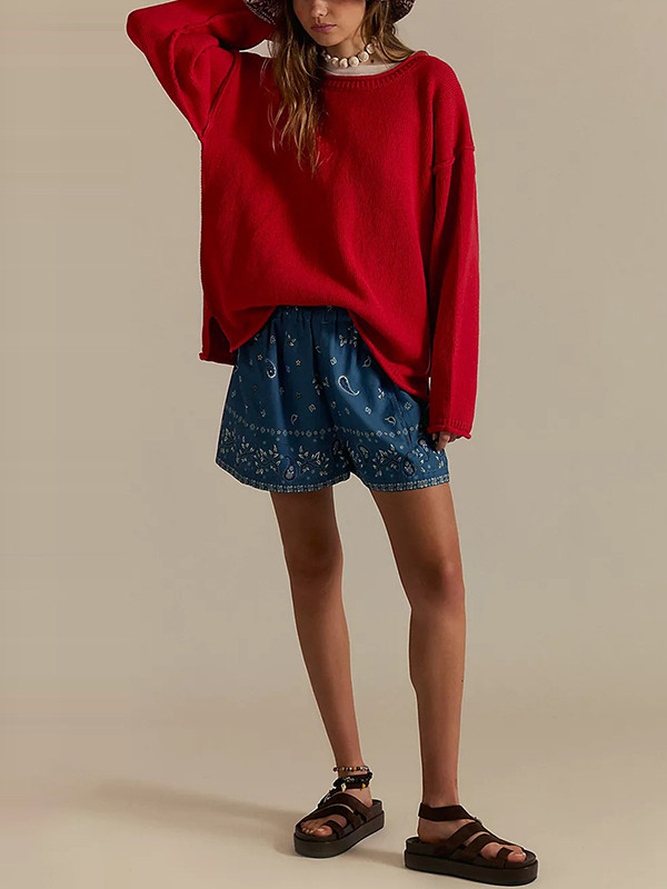 Solid Color Split-Joint Long Sleeves Loose Round-neck Sweater Tops