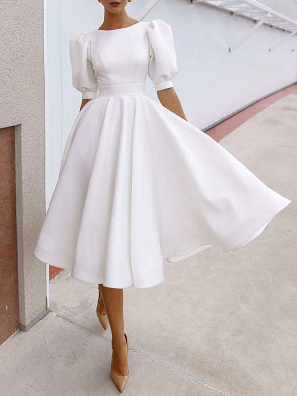 Backless Pleated Solid Color Zipper A-Line Half Sleeves Round-Neck Midi Dresses
