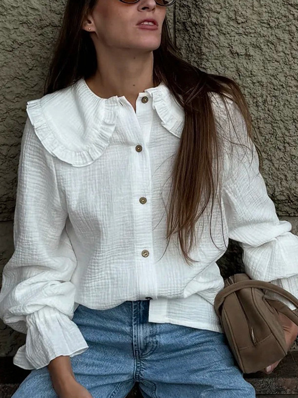 Ruffled See-Through Split-Joint Long Sleeves Peter Pan Collar Blouses&shirts Tops