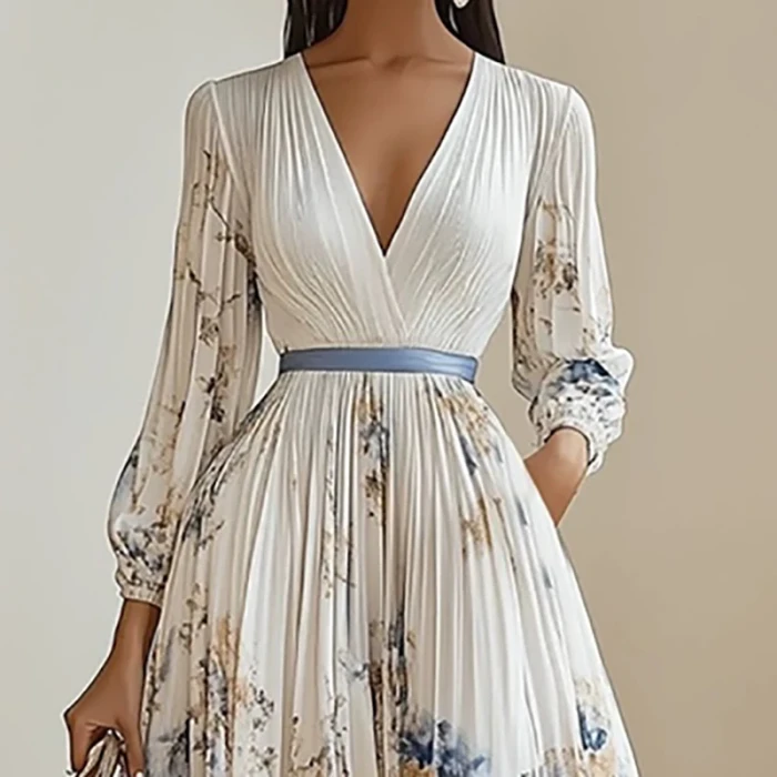 Women's Boho Floral Maxi Dress – Deep V-Neck Long Sleeve High Waist A-Line