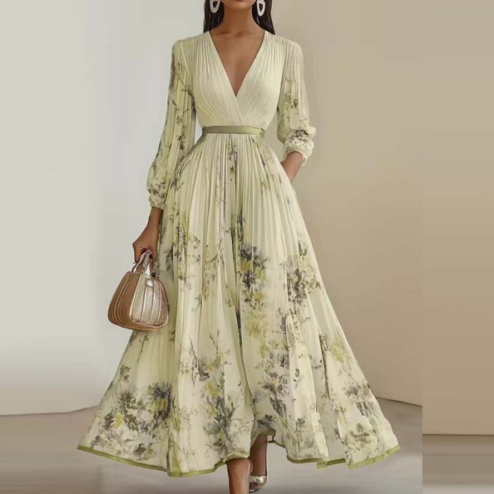 Women's Boho Floral Maxi Dress – Deep V-Neck Long Sleeve High Waist A-Line