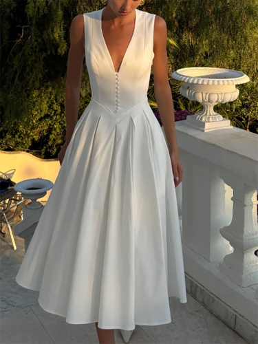 Simple Classic V-Neck Sleeveless Satin A-Line Formal Evening Dresses Birthday Party Prom Gowns