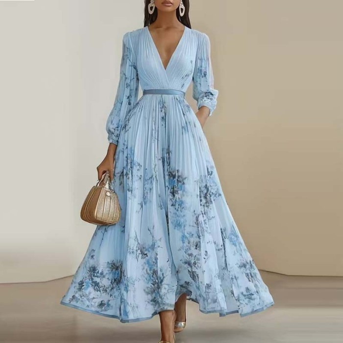 Women's Boho Floral Maxi Dress – Deep V-Neck Long Sleeve High Waist A-Line