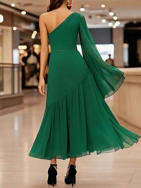 Pleated Solid Color Zipper Long Sleeves Loose One-Shoulder Maxi Dresses