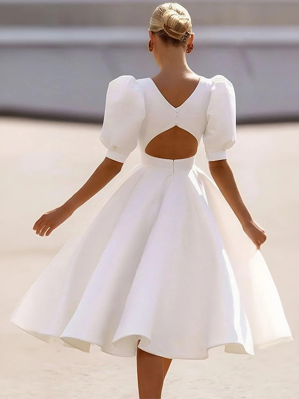 Backless Pleated Solid Color Zipper A-Line Half Sleeves Round-Neck Midi Dresses