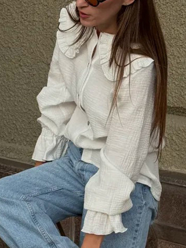Ruffled See-Through Split-Joint Long Sleeves Peter Pan Collar Blouses&shirts Tops