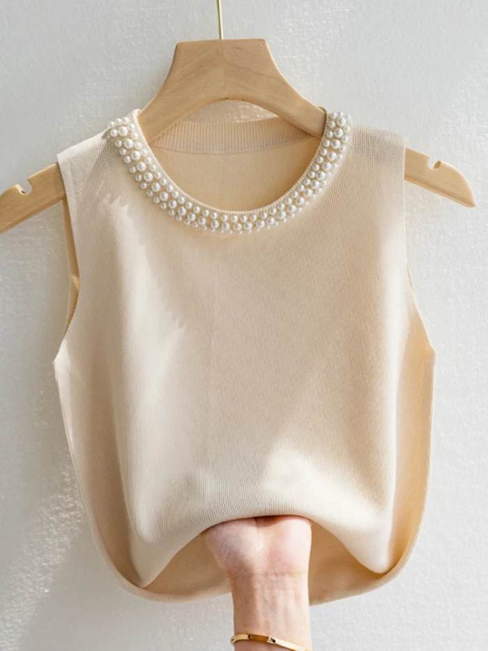 Women's Knitted Tank Top – Sleeveless Solid Color Beaded Vest