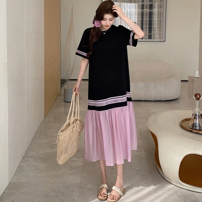 Women's Patchwork Midi Dress – Loose Short Sleeve Black Dress with Pink Hem