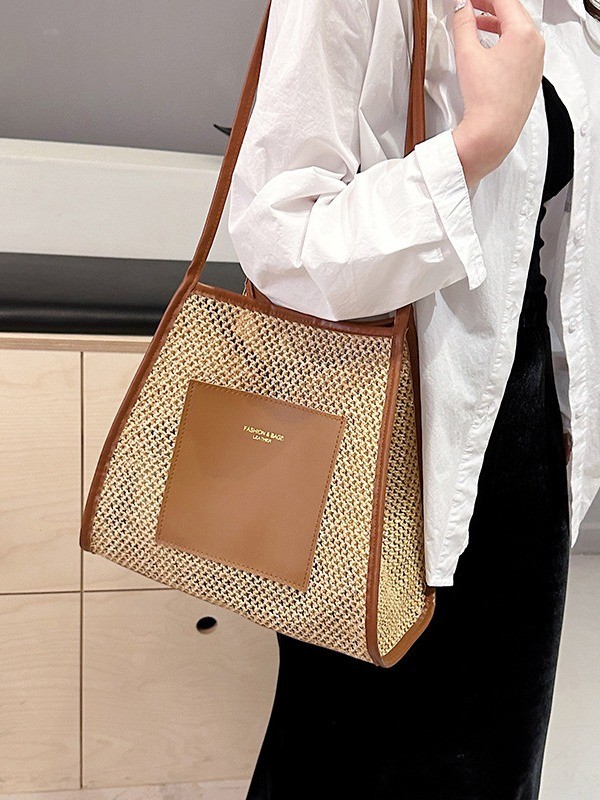 Women’s Woven Straw Tote Bag – Large Capacity Beige & White Shoulder Handbag for Beach, Vacation & Everyday Use