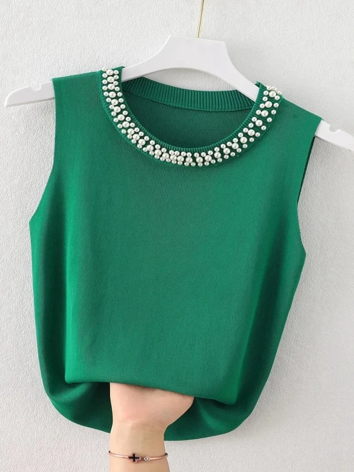 Women's Knitted Tank Top – Sleeveless Solid Color Beaded Vest