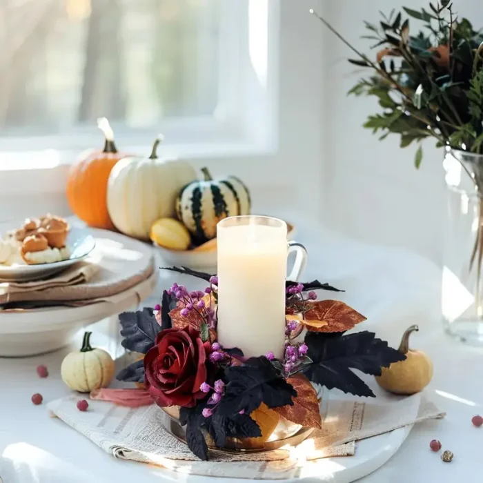 Halloween Black Rose Wreath Centerpiece – Gothic Candle Ring with Gold Frame for Home, Party, Wedding Décor