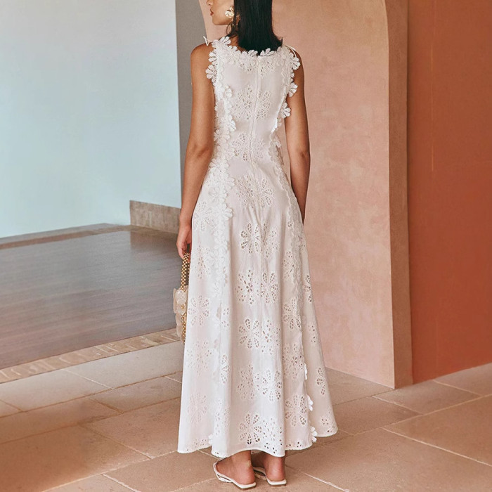 New Fashion Lace Embroidery Women Strap Resort Slimming Long Dress Simple Solid Color Female Banquet Dresses