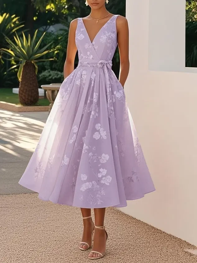 Women’s Elegant Printed  Midi Dress – V-Neck Sleeveless Mesh Long Dress with Bow Waist