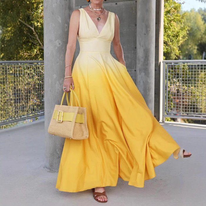 New Fashion V-neck Women's Sleeveless Waist Dress Simple Gradient Color Female Vacation Date Long Dresses