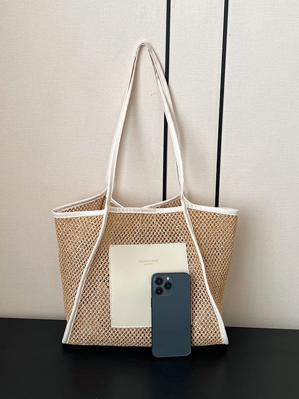 Women’s Woven Straw Tote Bag – Large Capacity Beige & White Shoulder Handbag for Beach, Vacation & Everyday Use