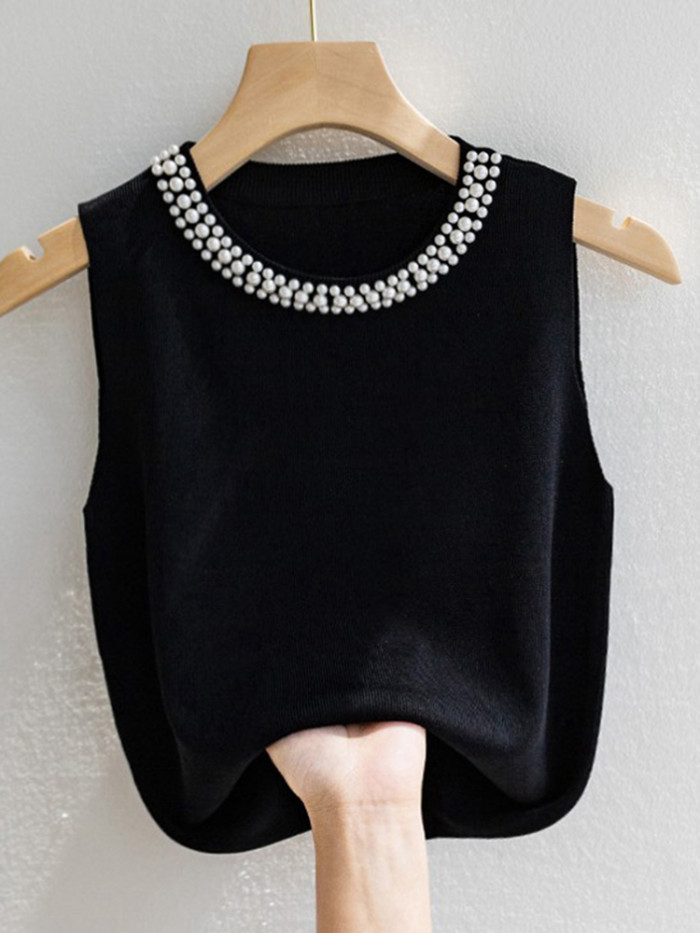 Women's Knitted Tank Top – Sleeveless Solid Color Beaded Vest