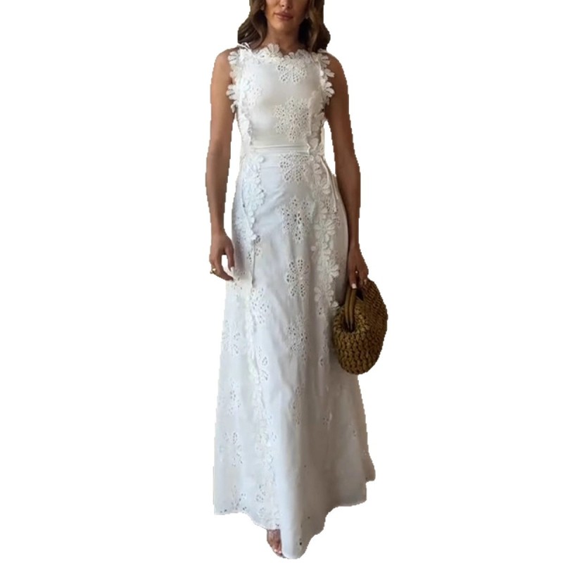 New Fashion Lace Embroidery Women Strap Resort Slimming Long Dress Simple Solid Color Female Banquet Dresses
