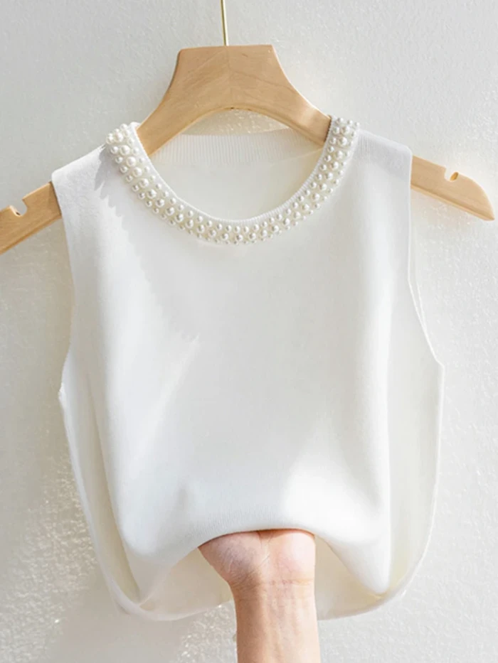 Women's Knitted Tank Top – Sleeveless Solid Color Beaded Vest
