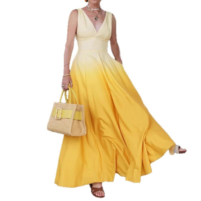 New Fashion V-neck Women's Sleeveless Waist Dress Simple Gradient Color Female Vacation Date Long Dresses