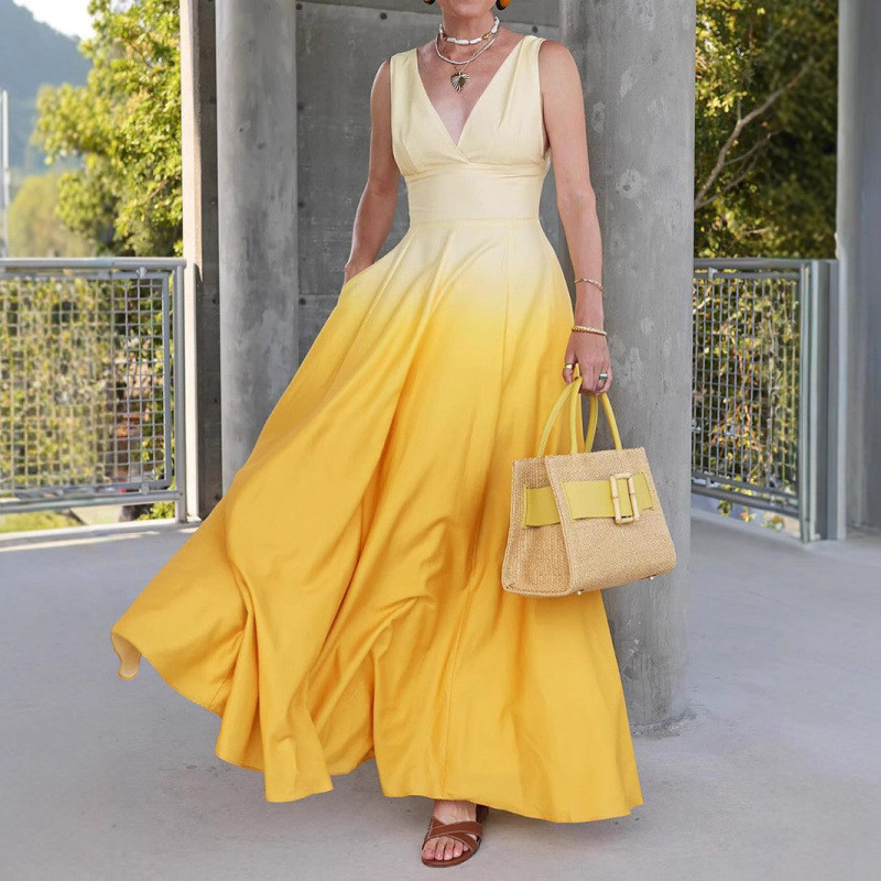 New Fashion V-neck Women's Sleeveless Waist Dress Simple Gradient Color Female Vacation Date Long Dresses