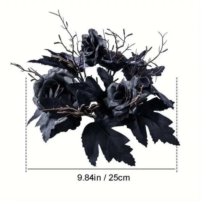 Halloween Black Rose Wreath Centerpiece – Gothic Candle Ring with Gold Frame for Home, Party, Wedding Décor