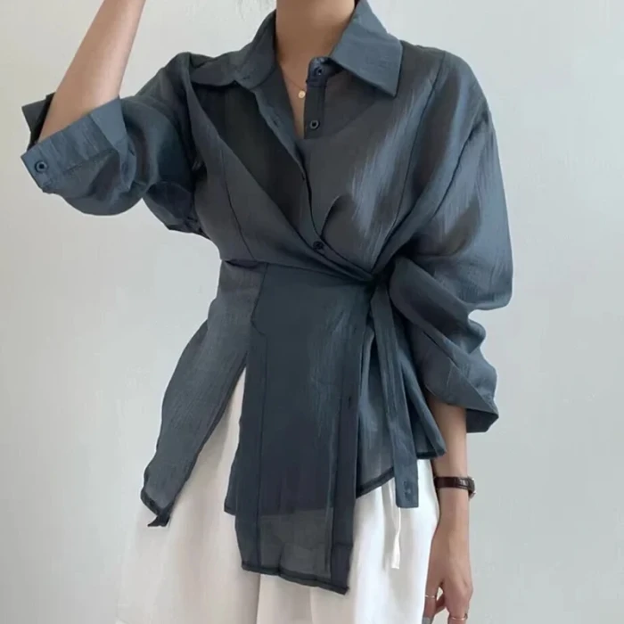 Women's Irregular Blouse – Long Sleeve Loose Button Shirt Top