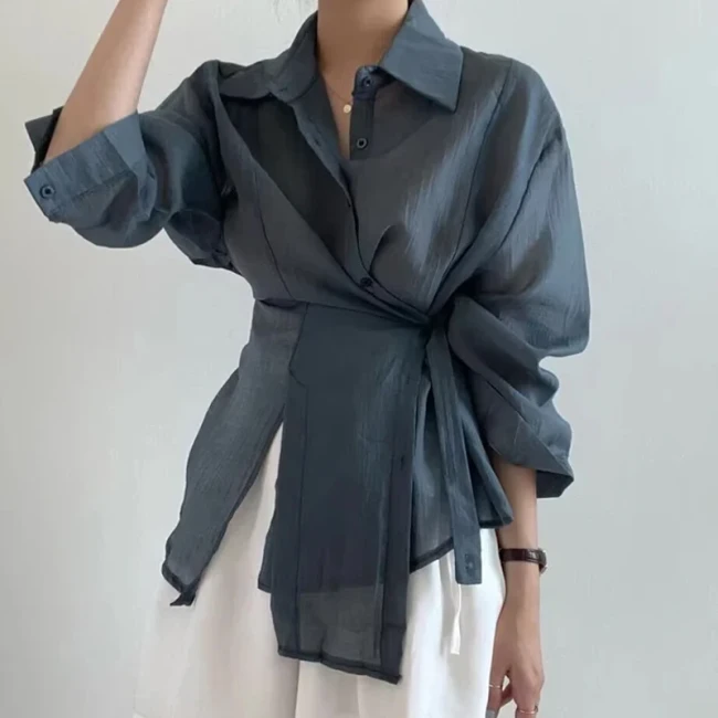 Women's Irregular Blouse – Long Sleeve Loose Button Shirt Top