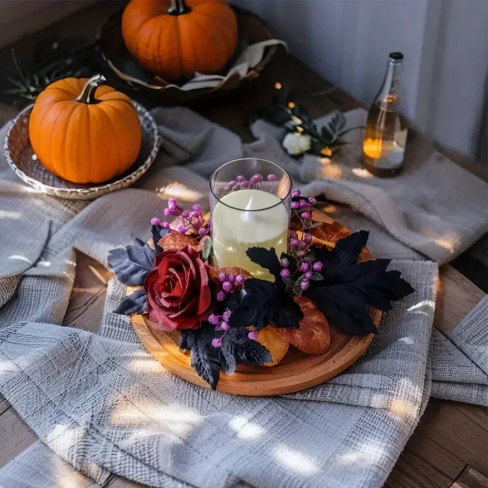 Halloween Black Rose Wreath Centerpiece – Gothic Candle Ring with Gold Frame for Home, Party, Wedding Décor