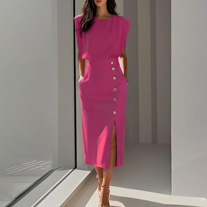 Women's Solid Color Midi Dress – Elegant Office Work Dress